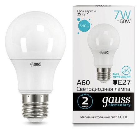 Лампа светодиодная Gauss Led Elementary A60 E27 7Вт 4100K 23227A