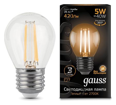 Лампа светодиодная Gauss LED Filament E27 5Вт 2700K 105802105